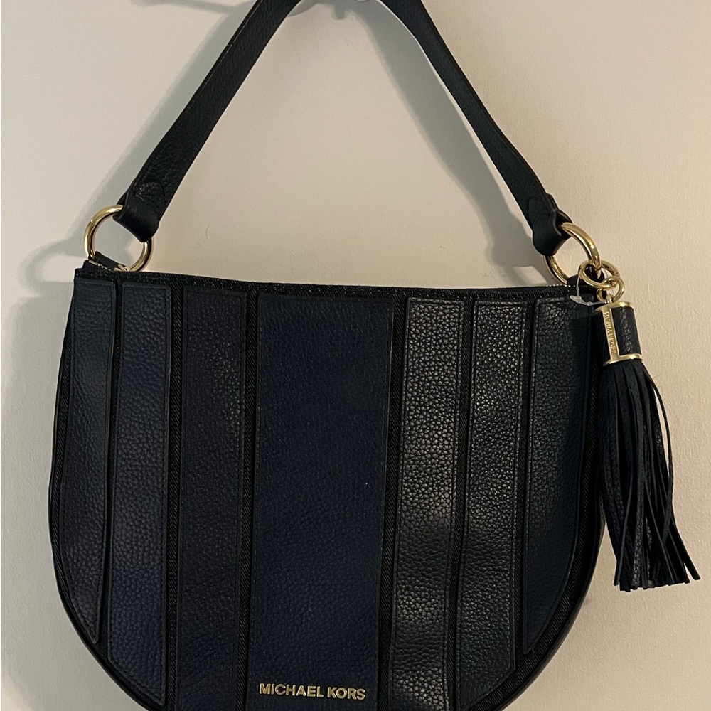 Michael Kors Brooklyn Appliqué Navy Pebbled Leather and Denim Bag